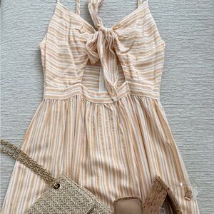 Striped Tie-Front Sundress in Beige and White